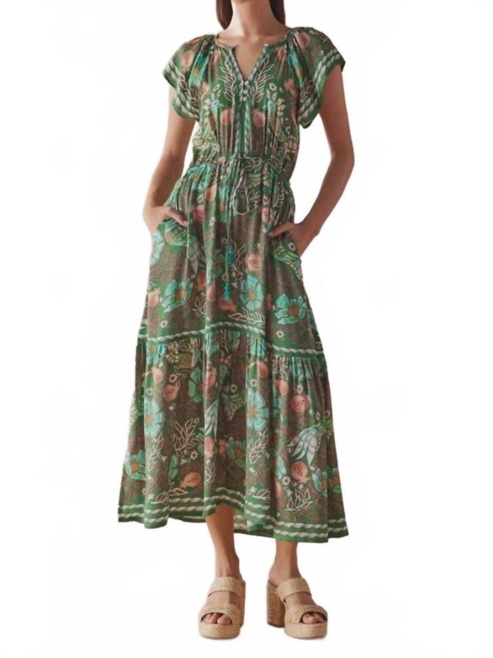 Omika Cora Midi‎ Dress Floral Kala Kelp Bird Print Size XS Green Boho Resort